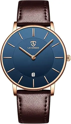 Elegant Lavaro men's watch with a blue dial and brown leather strap, perfect for formal and casual occasions.
