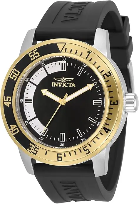 A stylish black and gold watch with a black dial, highlighting its sophisticated and contemporary appearance.