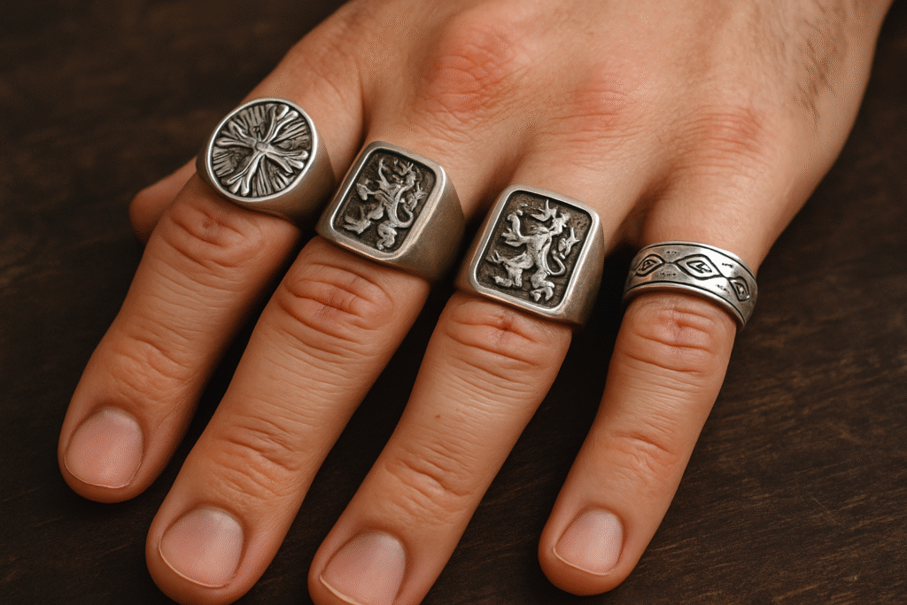 A close-up of a man's hand adorned with four unique rings, each featuring different materials and patterns.