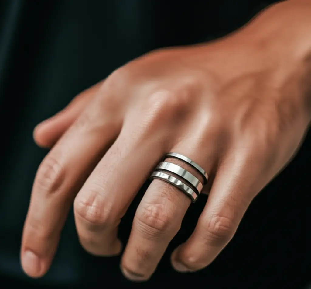 3. A man's hand featuring three rings, highlighting their unique shapes and materials.