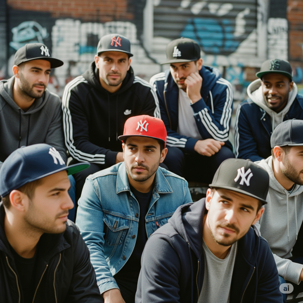 A group of men wearing baseball caps, standing together and smiling in a casual outdoor setting.