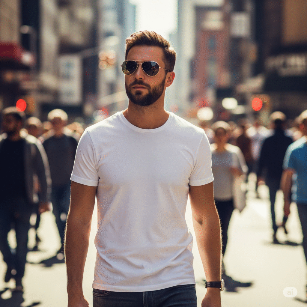 A man in a white t-shirt and sunglasses walks through a busy street filled with pedestrians and storefronts.