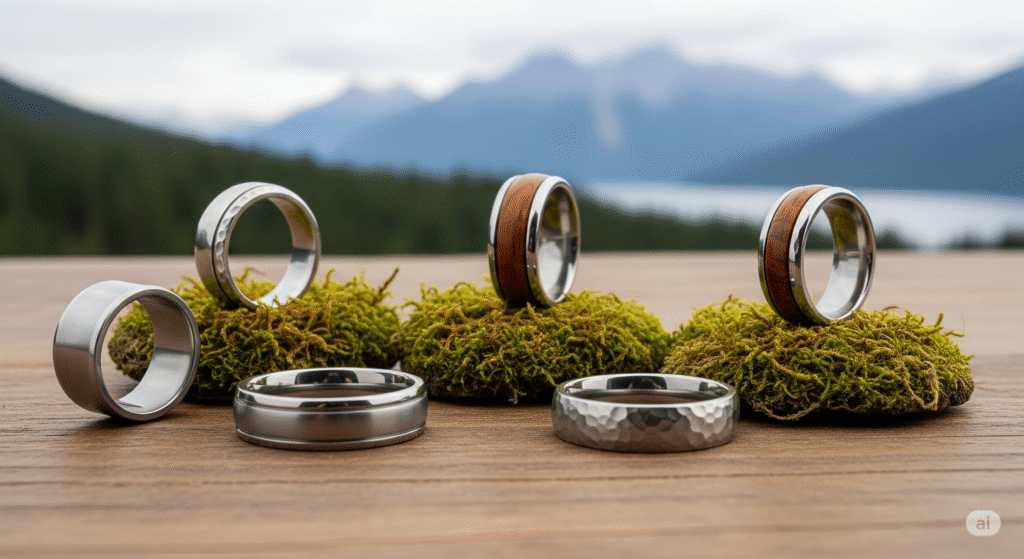 Three wedding rings resting on a bed of lush green moss, symbolizing love and commitment in a natural setting.