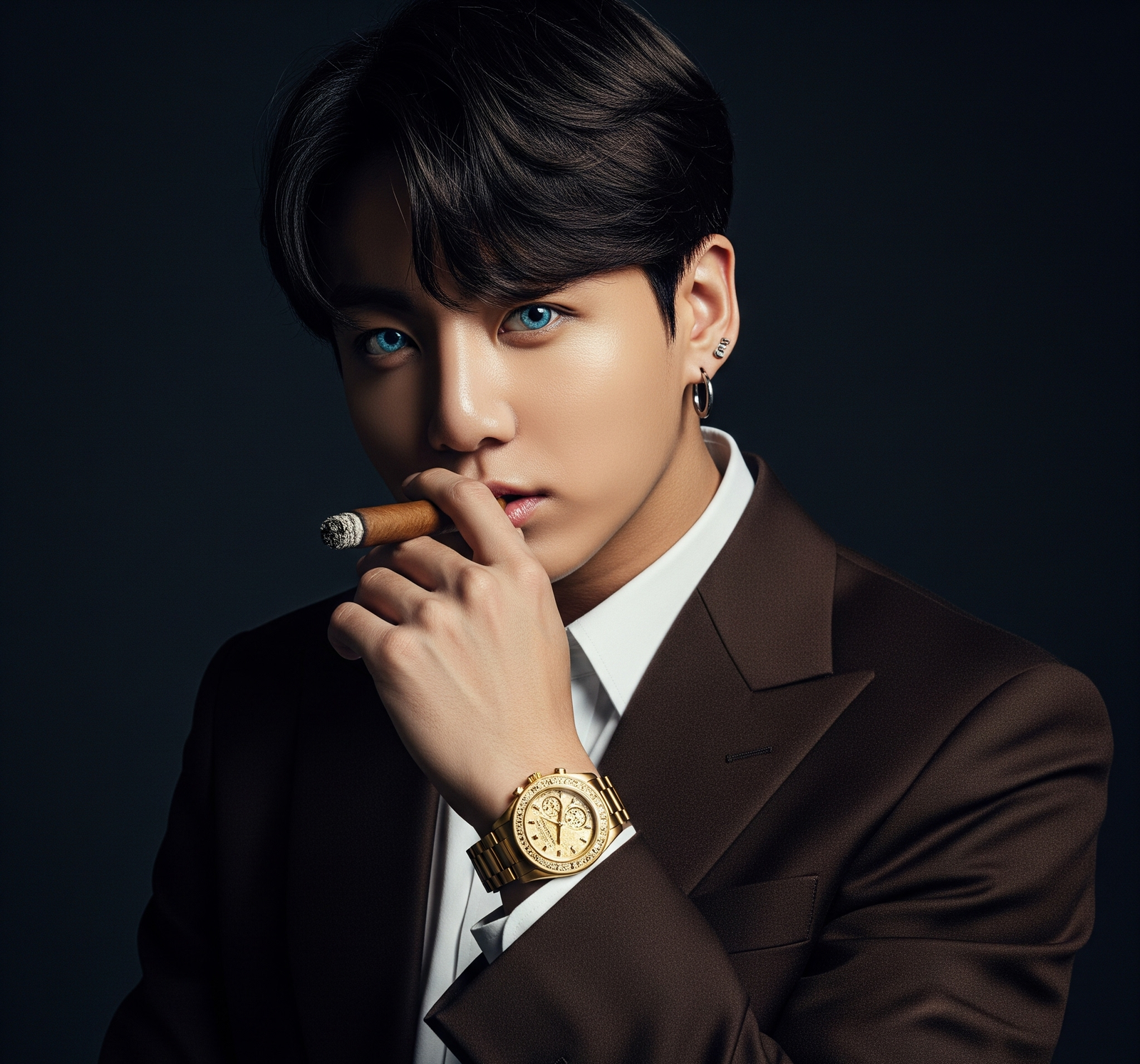 a boy wearing a gold wristwatch with a cigar in hand, representing luxury men’s jewellery in Pakistan. 