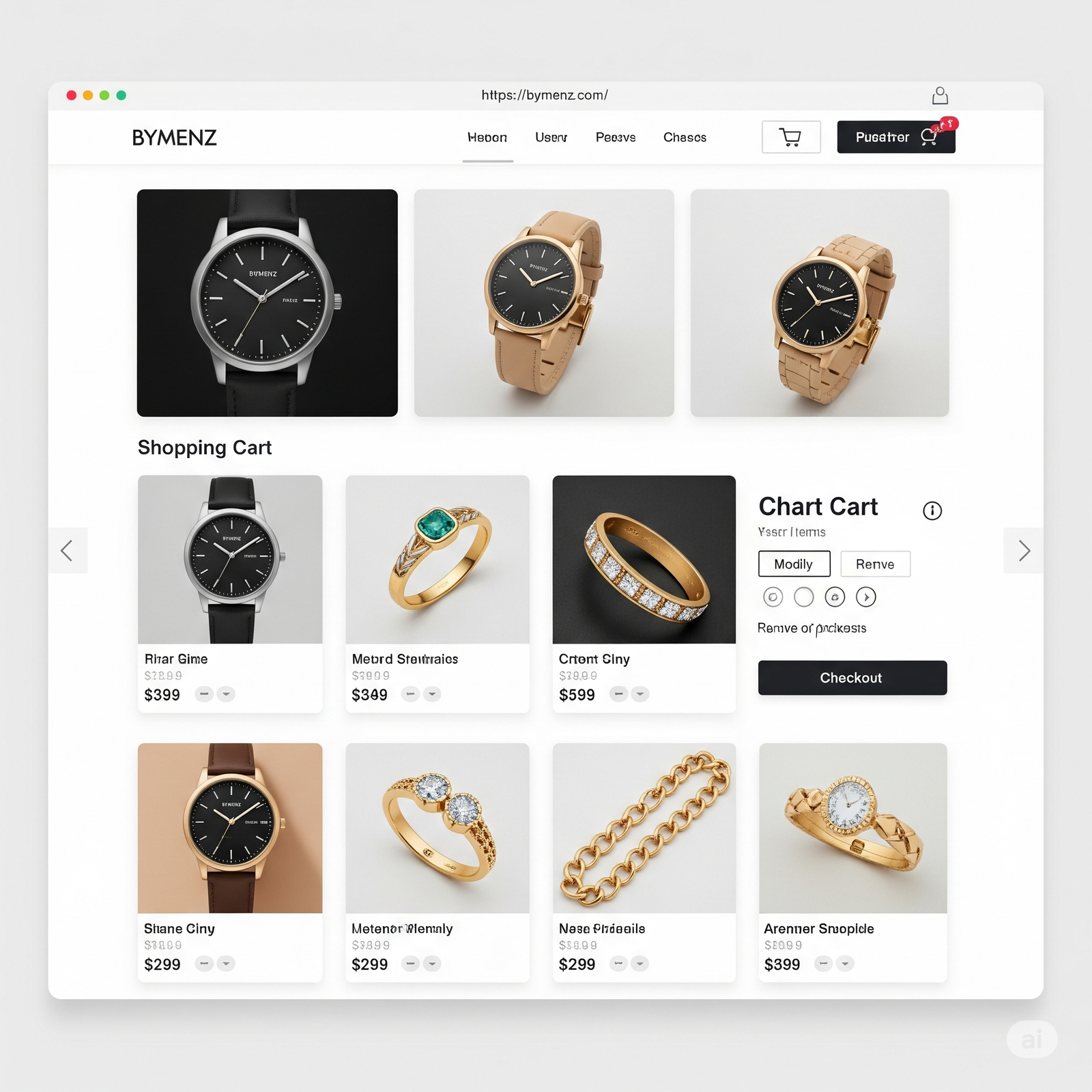 A website page displaying various watches alongside other accessories and items for sale.