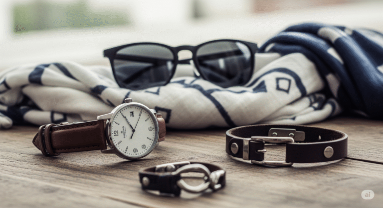 A watch, sunglasses, and a leather bracelet arranged on a wooden table, showcasing a stylish accessory collection