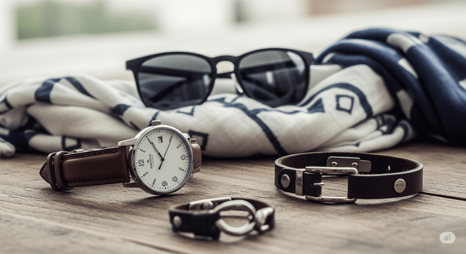 A watch, sunglasses, and a leather bracelet arranged on a wooden table, showcasing a stylish accessory collection