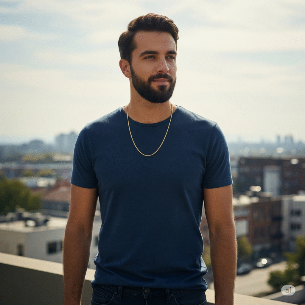 A man with a beard wearing a blue shirt, looking directly at the camera with a neutral expression.