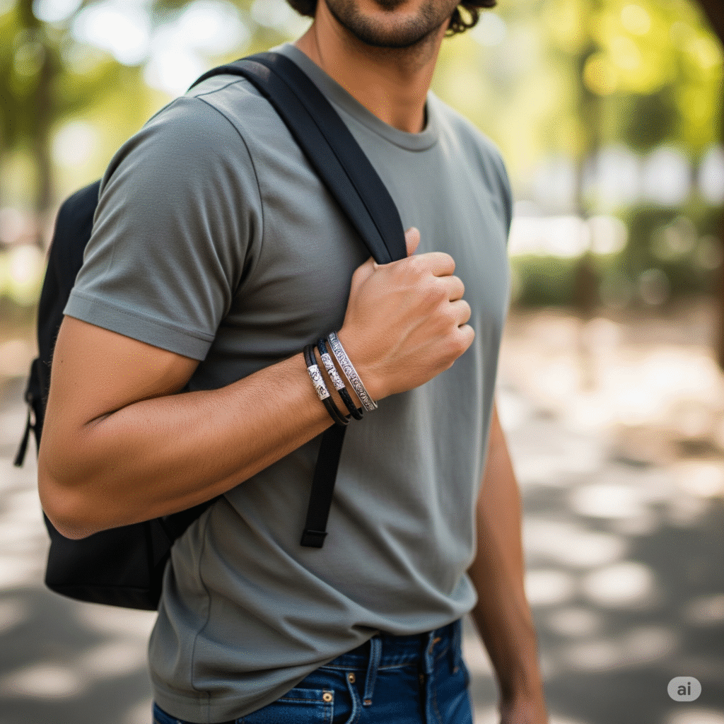 A man wearing a backpack and a bracelet on his wrist stands outdoors.