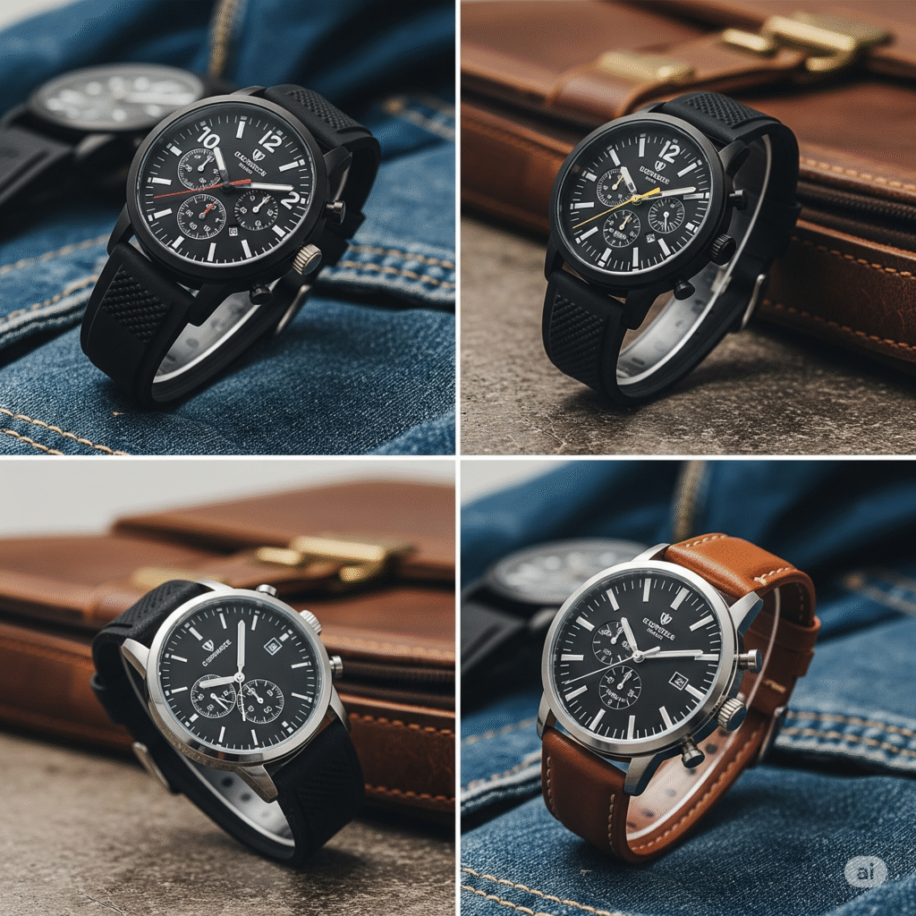Four distinct images of a watch with a leather strap, illustrating its design from multiple viewpoints and styles.