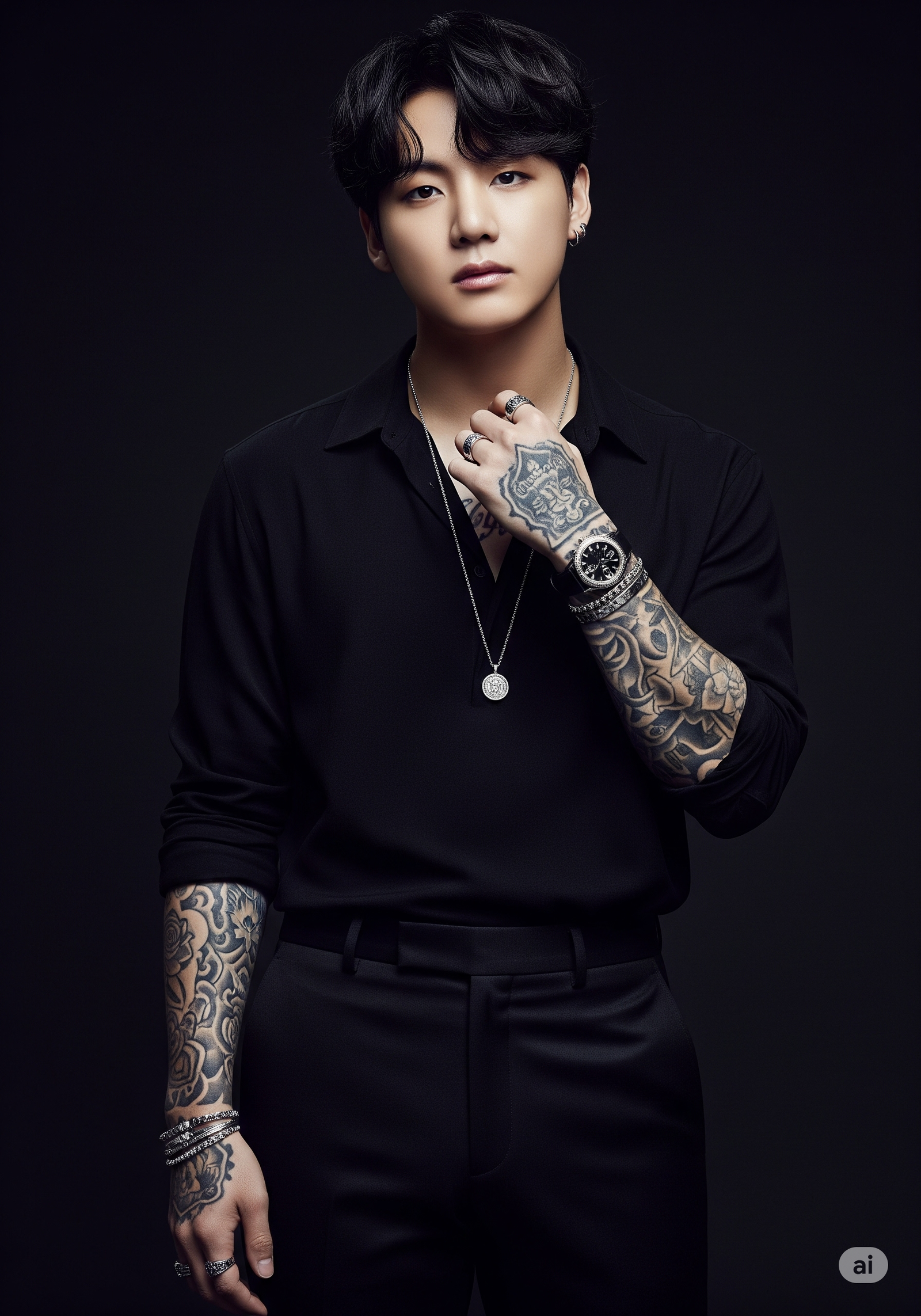 Man wearing silver rings, a pendant necklace, a watch, and bracelets while dressed in black with tattooed arms 