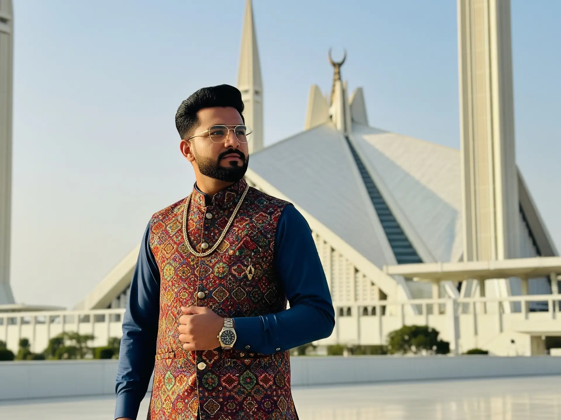 A man dressed in traditional clothing and wearing men's fashion accessories poses in front of a mosque, highlighting the intersection of culture and spirituality.