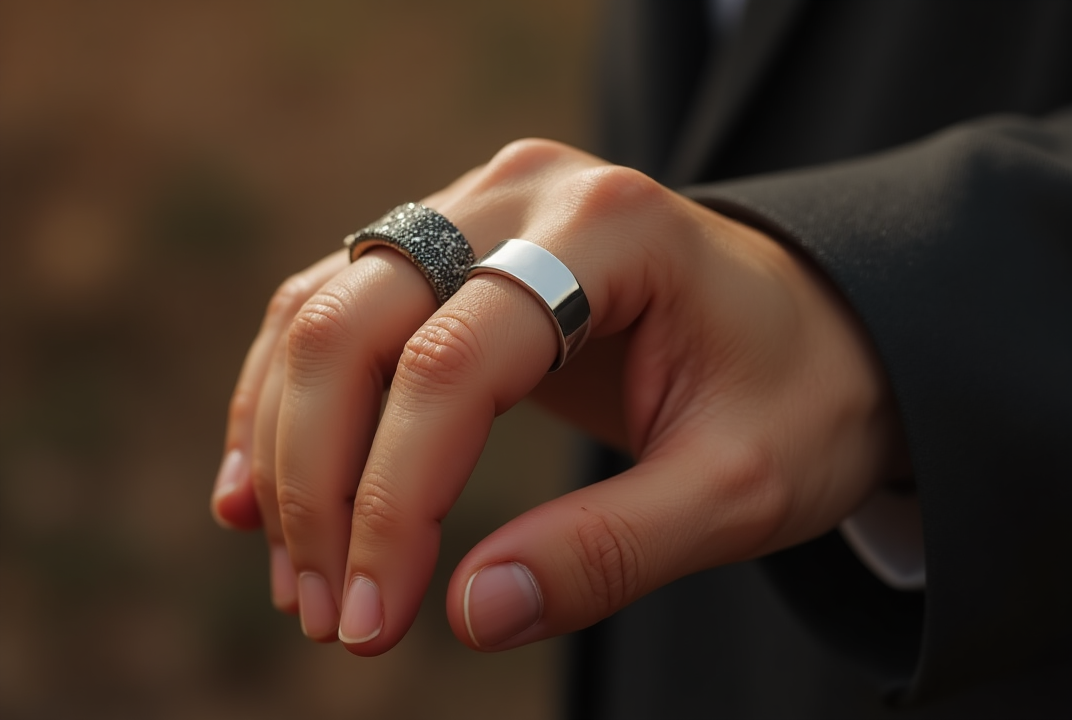 A man dressed in a suit presents a ring, likely for an engagement or special occasion.