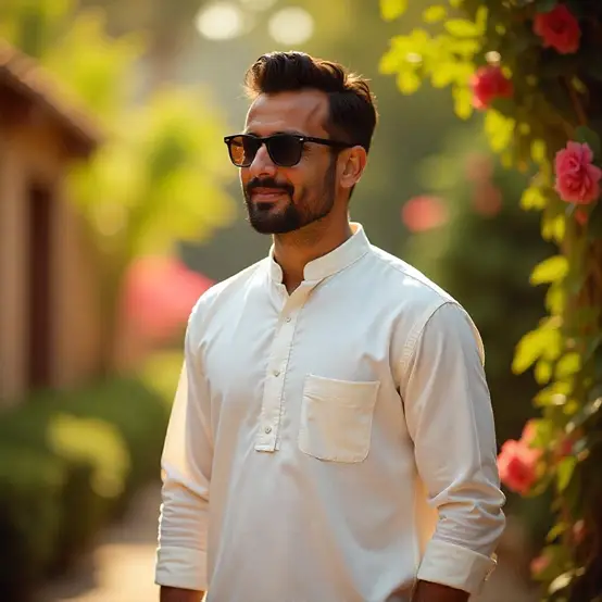 a man wearing glasses on shalwar kameez.