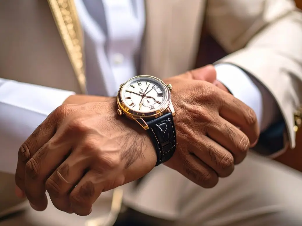 A well-dressed man in a suit looks at his watch, emphasizing his punctuality and style.