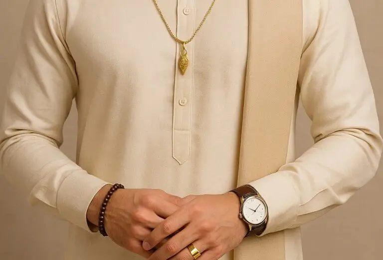 A man wearing a beige kurta and churidar stands confidently, showcasing traditional attire.